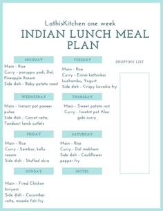 Indian Lunch menu - Weekly Lunch Meal Plan - Lathi's Kitchen Healthy Indian Lunch Options List, Indian Lunch Menu Ideas For Family, Indian Lunch Menu For Family, Lunch Menu Indian, Indian Lunch Menu Ideas, Indian Lunch Menu Vegetarian, How To Plan Indian Lunch Menu, North Indian Lunch Menu, Indian Lunch Menu Inspiration