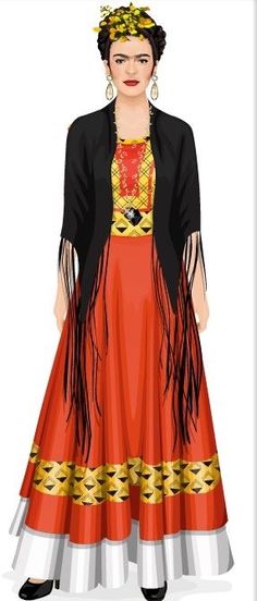 a woman in an orange dress and black jacket is standing with her hands on her hips