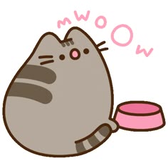 a cat with its head in a bowl and the word wow on it's side