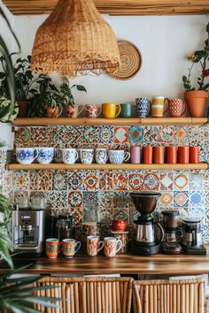 the shelves are filled with cups and saucers on top of each other in front of a potted plant