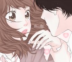 an anime character is kissing the face of another person with long hair and brown eyes