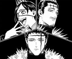 three people with swords in their hands and one is holding the other's head