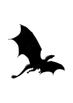 a black and white silhouette of a dragon flying through the air with its wings spread