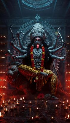 the statue is surrounded by candles and lit candles