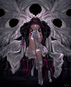 a woman sitting on top of a chair with an angel wings above her head and eyes