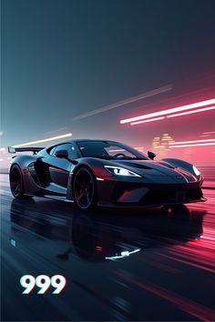 a black sports car driving down a street at night with the words 999 on it