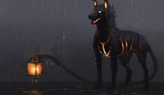 a dog standing in the rain next to a lamp