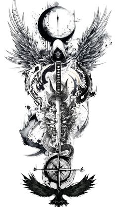 Samurai Angel Tattoo, Dark Angel Tattoo Men, Detailed Warrior Tattoo Art, Dark Warrior Tattoo, Spartan Warrior With Wings Tattoo, Warrior With Wings Tattoo, Dark Angel Tattoo Design, Winged Warrior Tattoo, Warrior Angel Tattoo Men
