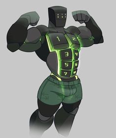 a drawing of a muscular man in green and black armor with his hands on his hips