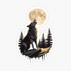 a wolf sitting on top of a hill with the moon in the background sticker