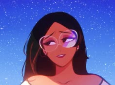 a woman wearing glasses looking at the sky with stars in the background on a sunny day