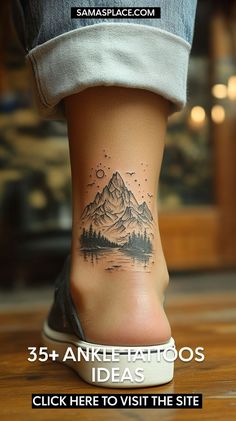 A mountain tattoo with shaded peaks inked in black on the ankle.