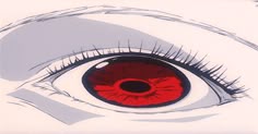 an eye with red iris and long eyelashes is seen in this image from the anime
