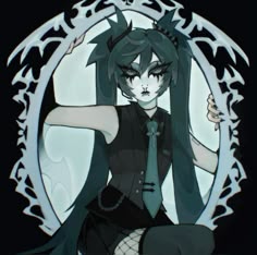 an anime character with black hair and green eyes holding her hands up in the air