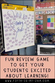 a sign with the words fun review game to get your students excited about learning on it