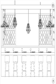 an architectural drawing of a bar with stools and lights hanging from the back wall