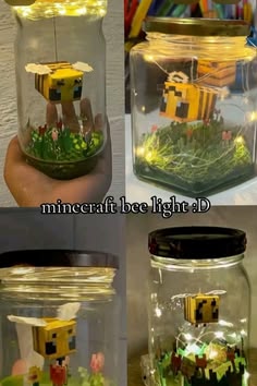 four different views of a glass jar with lights in it and some grass inside the jar