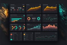 a set of dashboards with different graphs and numbers on them, all in dark colors