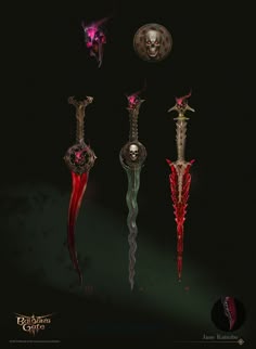 three different types of swords with skulls on the top and bottom, all in various colors