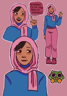 two women in pink and blue clothing with one pointing at the camera