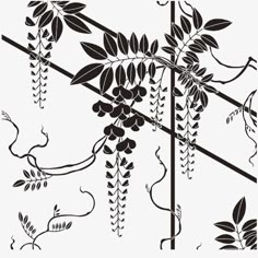 black and white drawing of vines on a pole with leaves hanging from it's sides