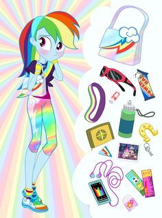 an image of a rainbow pony with many items around her and on the ground in front of it