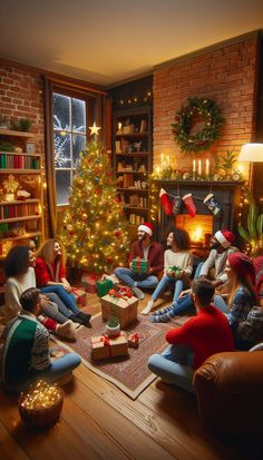 a group of people sitting around a christmas tree