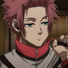 an anime character with pink hair and green eyes holding a remote control in his hand