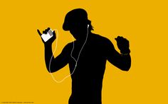 the silhouette of a man with headphones is holding a cell phone in his hand