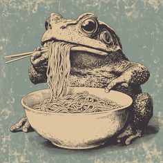 a frog eating noodles from a bowl with chopsticks