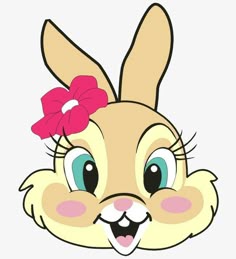 a cartoon bunny with a pink flower in its hair and big eyes, smiling at the camera