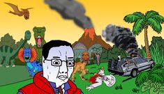 an animated image of a man in front of dinosaurs and cars