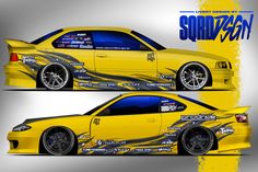 the side and back view of a yellow car with blue flames on it's decals