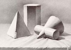 pencil drawing of three different shapes on a white sheet with one cone and the other cone