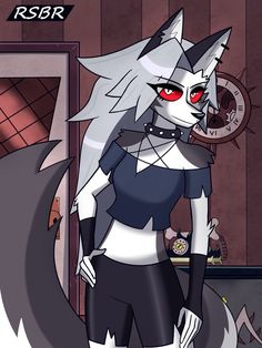 a drawing of a cat with red eyes standing in front of a door and looking at the camera