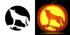 an animal carved into the shape of a jack - o'- lantern, next to a silhouette of a wolf