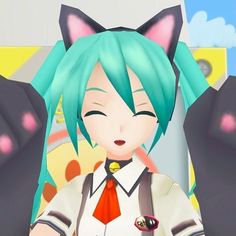 an anime character with blue hair and cat ears, wearing a white shirt and red tie