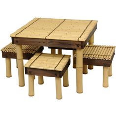 a set of four wooden tables and stools