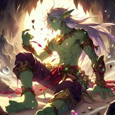 a man with white hair and green eyes sitting on the ground in front of a cave