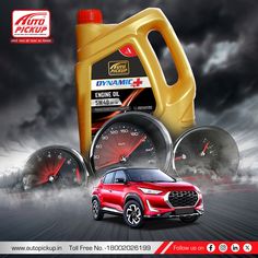 a red car next to two yellow gauges and a bottle of engine oil on a dark background