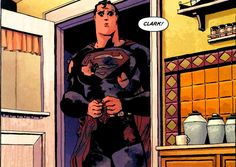 a comic book page with a man dressed as superman standing in front of a kitchen