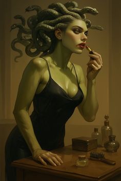 a painting of a woman with snakes on her head brushing her teeth while sitting at a desk