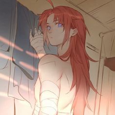 an anime character with long red hair and blue eyes