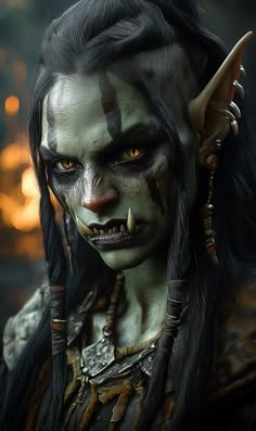 a close up of a person wearing makeup and hair with horns on their head, in front of a dark background