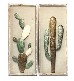 two framed artwork pieces with different types of cactuses in the same frame, one is green and white
