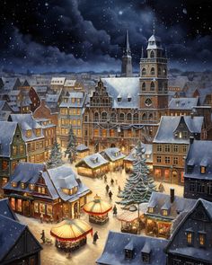 a painting of a christmas town at night