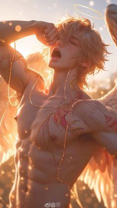 an image of a man with angel wings on his chest and headphones around his neck