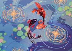 two koi fish are swimming in the water