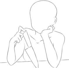 a drawing of a person sitting at a table with their hand on his chin and looking down