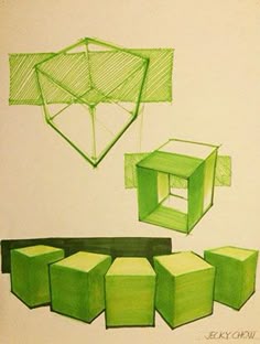 three green cubes are shown in this artistically designed drawing, and one is drawn with colored pencil